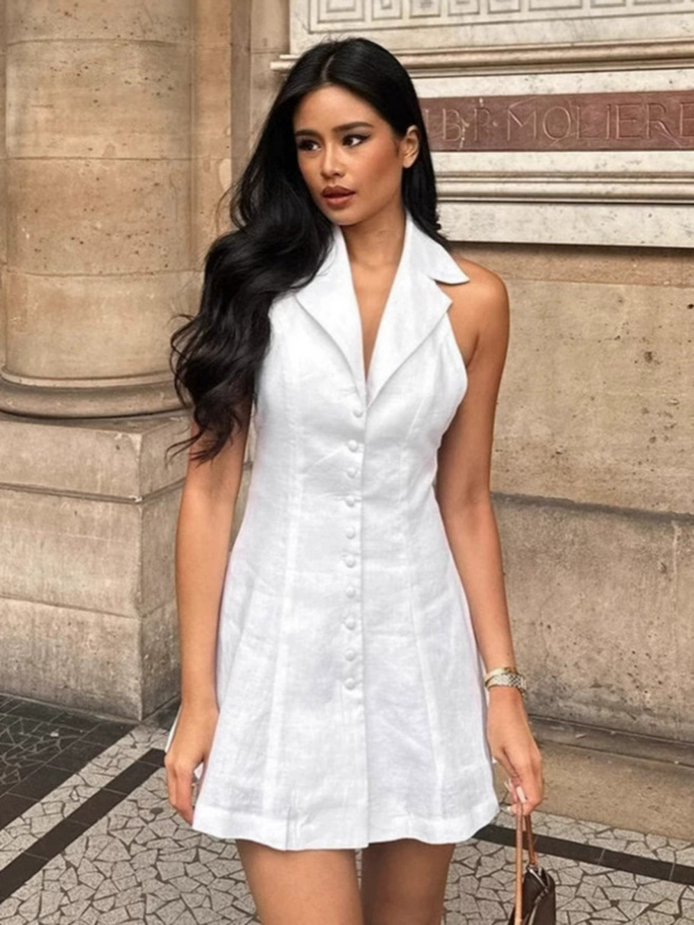 Forever 21 White Collar Halter Neck Dress Backless Waist Cinching A-Line Mini